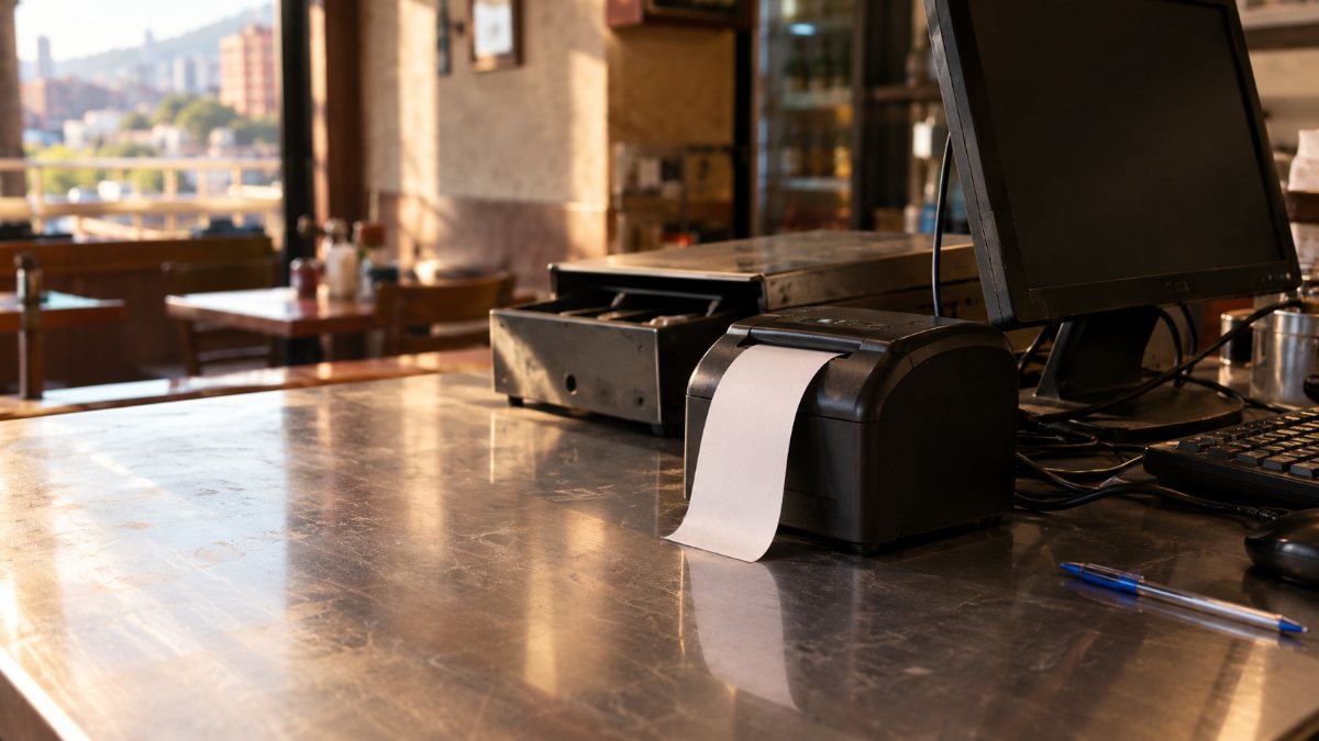 Impresora térmica en el mostrador de un restaurante sacando un recibo.