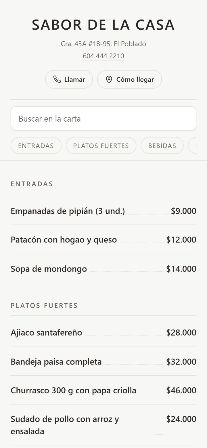 La carta de un restaurante vista en el teléfono: entradas y platos fuertes con sus precios, y un buscador arriba.