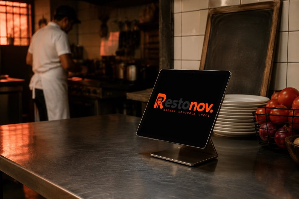 Tablet apoyada en el mesón de acero de una cocina, con Restonov abierto.
